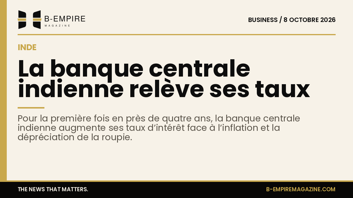 Illustration d’un bâtiment de la banque centrale indienne avec un graphique de taux d’intérêt en hausse en arrière-plan.