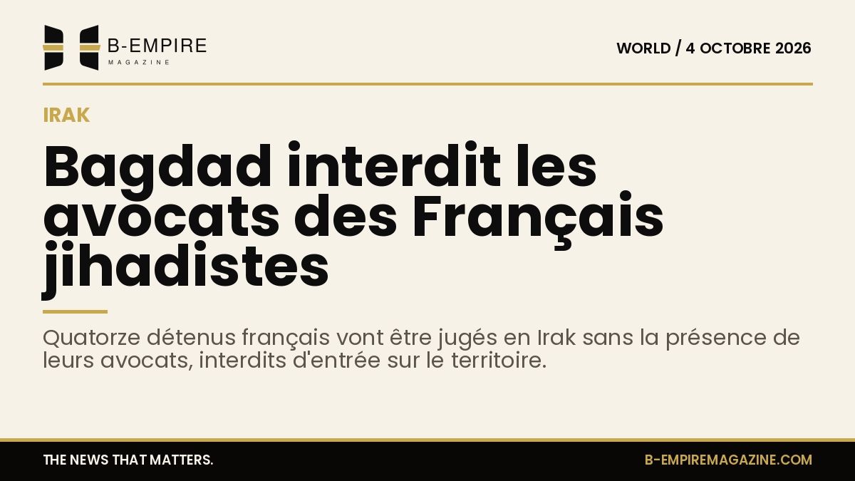 Visuel avec chiffre 14 en grand, évoquant les détenus français en Irak, sur fond papier avec éléments graphiques en encre et or.