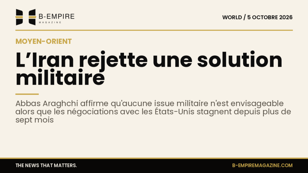 Visuel avec un fond papier et un titre en encre indiquant que l’Iran rejette une solution militaire au conflit au Moyen-Orient