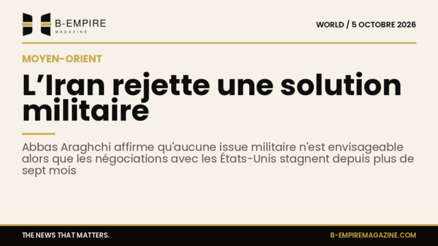 Visuel avec un fond papier et un titre en encre indiquant que l’Iran rejette une solution militaire au conflit au Moyen-Orient
