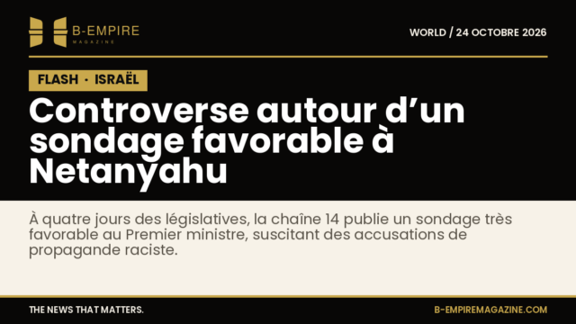 Visuel avec bloc noir et texte blanc et or indiquant une information flash sur un sondage controversé en Israël