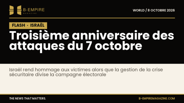 Visuel noir avec bloc noir marqué FLASH et texte en or évoquant le troisième anniversaire des attaques du 7 octobre en Israël
