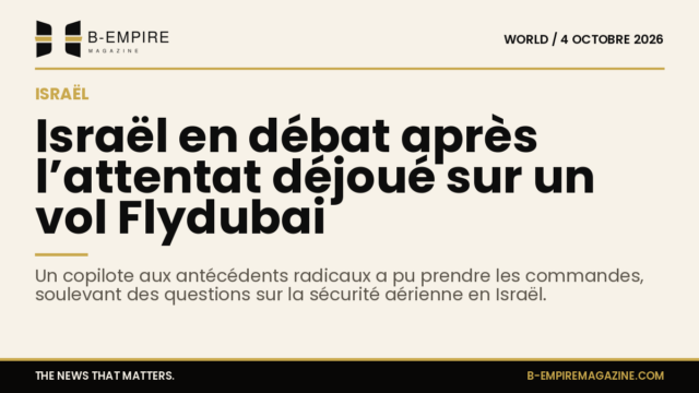 Visuel sobre avec fond papier et grand titre en encre : Israël en débat après l’attentat déjoué sur un vol Flydubai