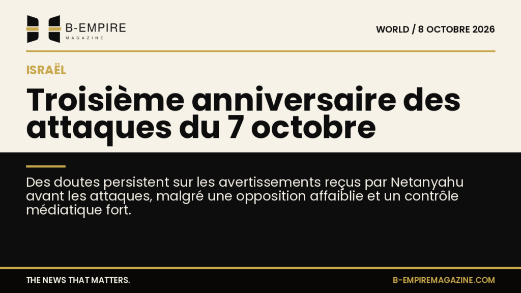 Visuel en deux parties avec fond papier clair et fond noir, titre à cheval évoquant les attaques du 7 octobre et Netanyahu