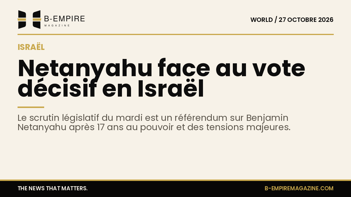 Portrait de Benjamin Netanyahu avec un fond neutre, évoquant le scrutin législatif israélien