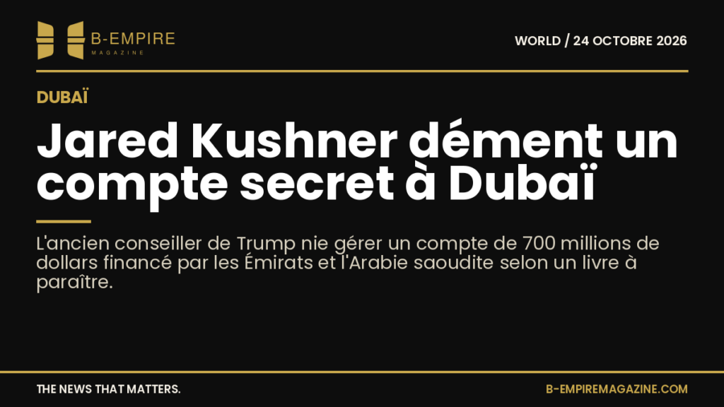 Portrait de Jared Kushner sur fond sombre avec titre blanc et or sur fond noir