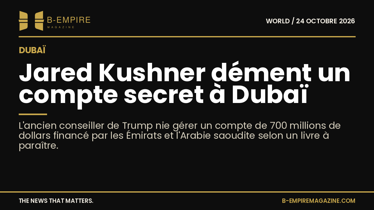 Portrait de Jared Kushner sur fond sombre avec titre blanc et or sur fond noir