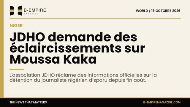 Visuel avec bande or en haut, titre encre sur fond papier évoquant la demande d'informations de JDHO sur Moussa Kaka au Niger