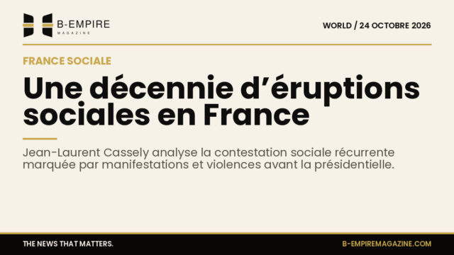 Visuel avec fond papier, grand titre en encre sur un fond clair, évoquant la contestation sociale en France