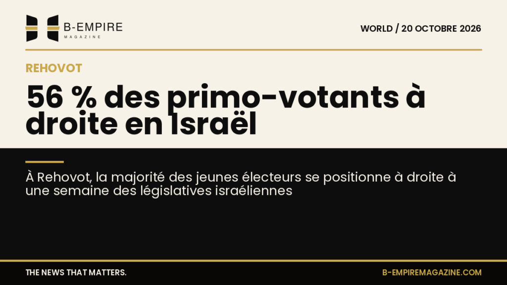 Graphique stylisé montrant 56 % en chiffres or sur fond papier et noir, évoquant les primo-votants à Rehovot en Israël