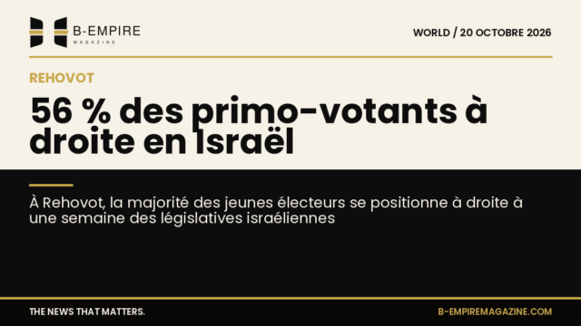 Graphique stylisé montrant 56 % en chiffres or sur fond papier et noir, évoquant les primo-votants à Rehovot en Israël