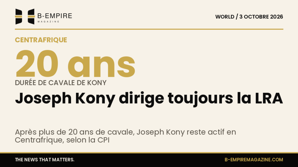 Portrait de Joseph Kony en noir et blanc avec un chiffre 20 ans en surimpression dorée