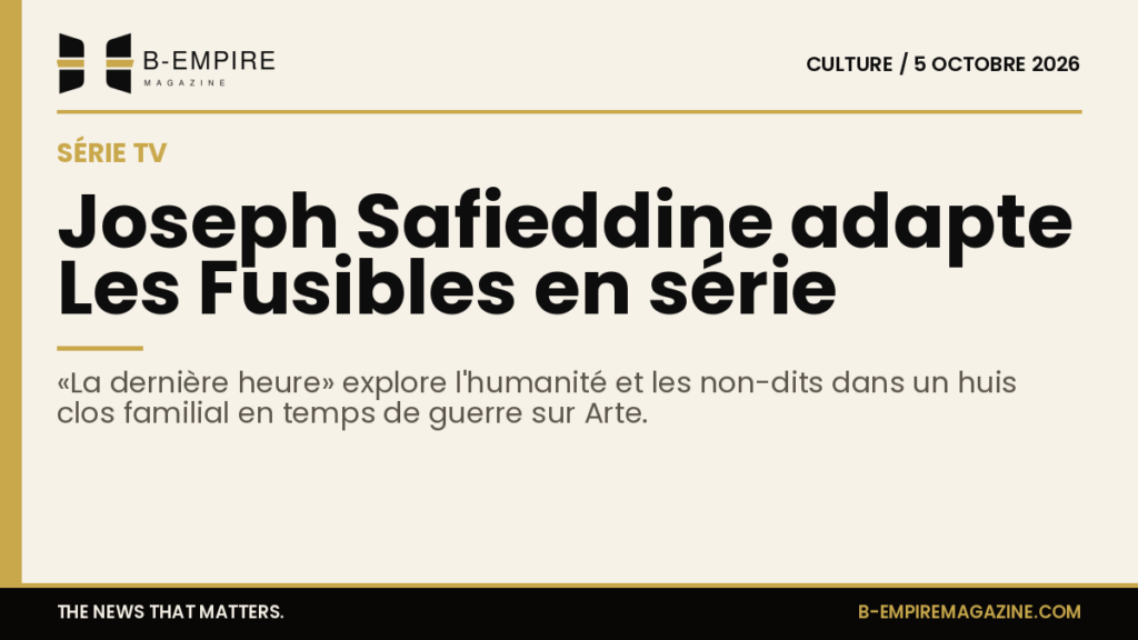 Affiche de la série «La dernière heure» montrant un huis clos familial dans un contexte de guerre, atmosphère sombre et intense.