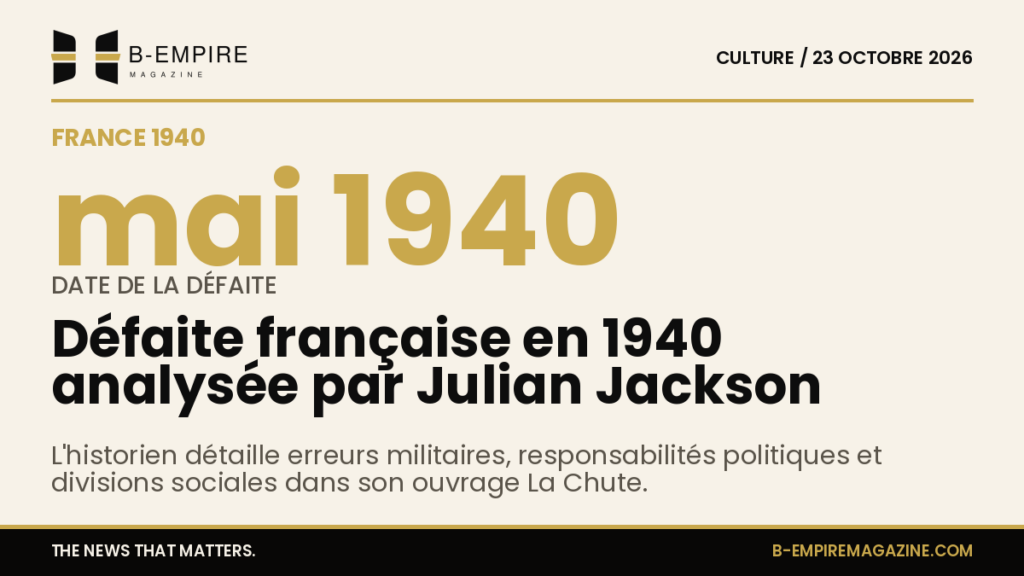 Couverture du livre La Chute de Julian Jackson sur la défaite de la France en mai 1940, avec texte et éléments graphiques sobres.