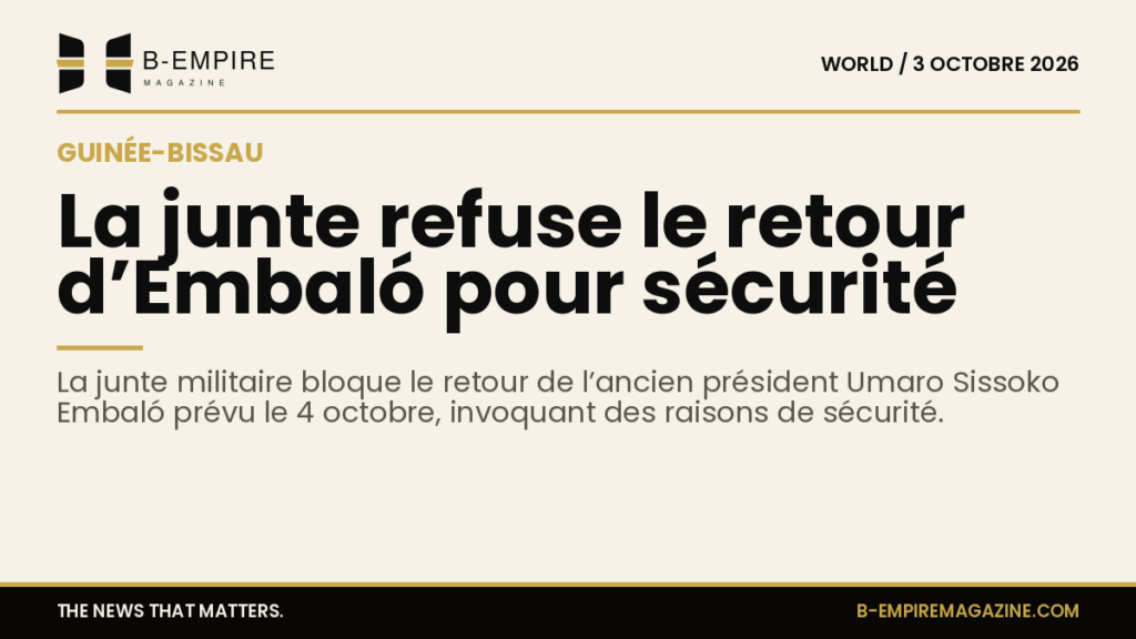 Visuel avec fond papier, titre noir sur papier, sur le thème Guinée-Bissau et politique, style sobre