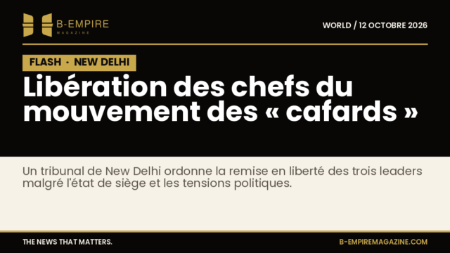 Visuel avec fond noir et bloc FLASH en haut à gauche, texte blanc et or sur fond noir annonçant la libération des chefs du mouvement des « cafards » à New Delhi.