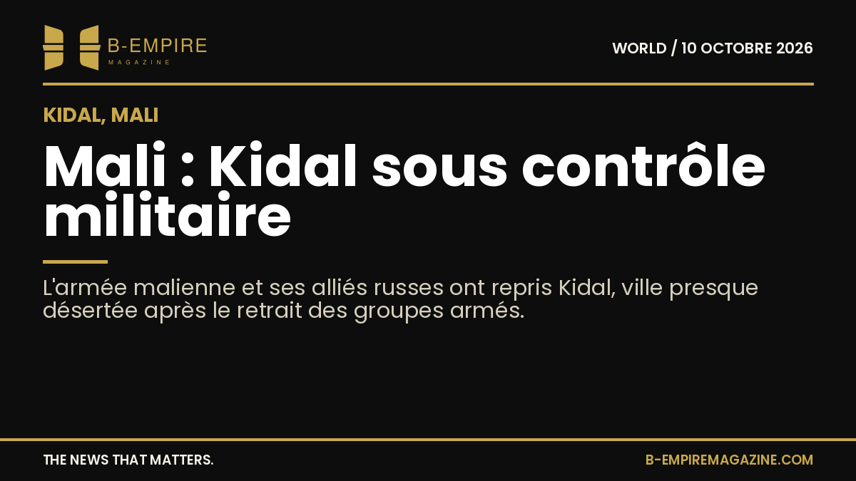 Photo de la ville de Kidal au Mali, avec des bâtiments et des rues calmes sous un ciel clair, illustrant la situation sécuritaire.