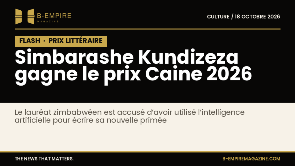 Annonce du prix Caine 2026 avec le nom de Simbarashe Kundizeza sur fond noir et éléments graphiques en or et encre