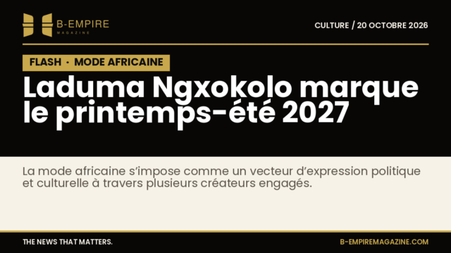 Visuel avec le mot FLASH en blanc sur fond noir accompagné du titre sur la mode africaine printemps-été 2027