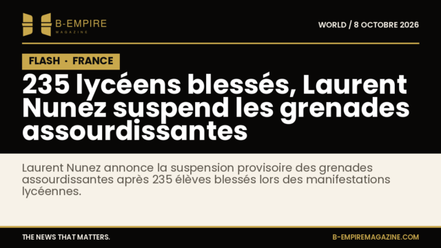 Texte sur fond noir avec bloc FLASH en haut à gauche, mentionnant 235 lycéens blessés et suspension des grenades assourdissantes