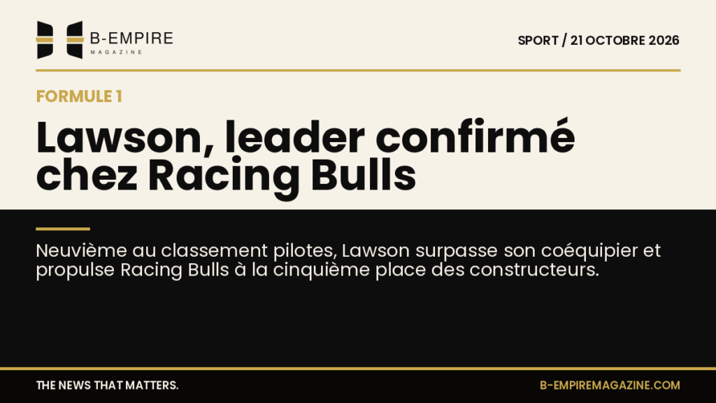 Visuel divisé avec fond papier et noir montrant un pilote de Formule 1 en action, titre à cheval sur les deux zones.
