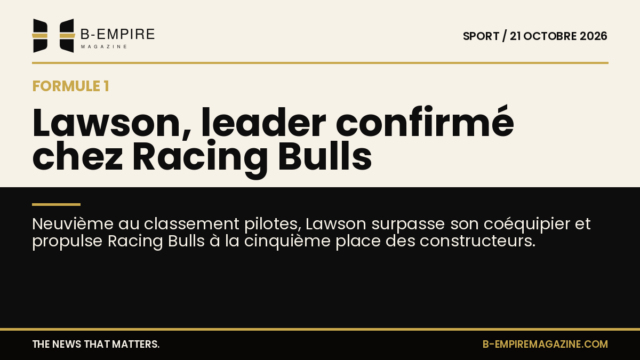 Visuel divisé avec fond papier et noir montrant un pilote de Formule 1 en action, titre à cheval sur les deux zones.