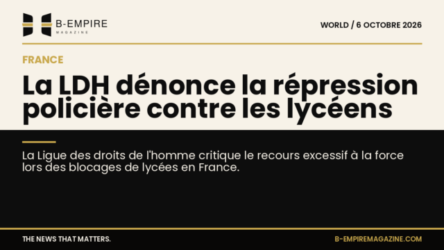 Visuel avec un fond divisé entre papier et noir, titre mettant en avant la critique de la LDH sur la répression policière lors des blocages lycéens en France.