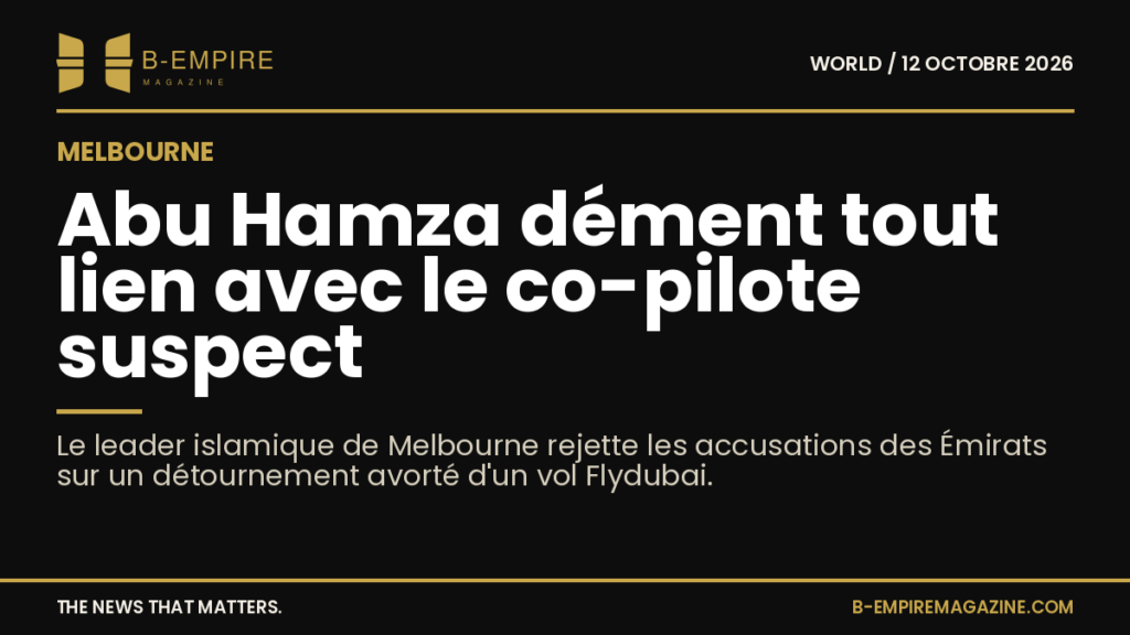 Portrait d’Abu Hamza, leader d’un centre islamique à Melbourne, sur fond sombre avec texte blanc et or