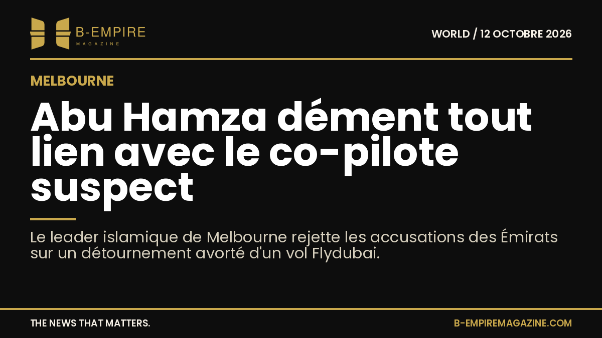 Portrait d’Abu Hamza, leader d’un centre islamique à Melbourne, sur fond sombre avec texte blanc et or