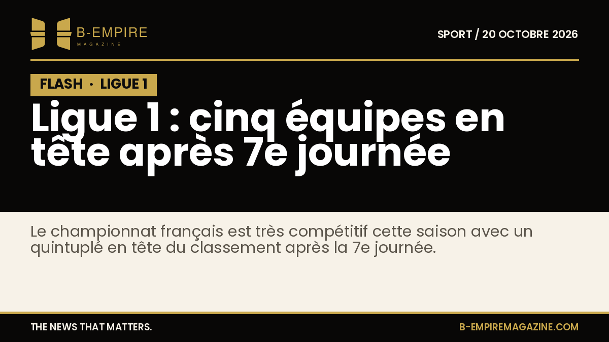 Visuel avec le titre Ligue 1 : cinq équipes en tête après 7e journée sur fond noir avec la mention FLASH en haut à gauche.