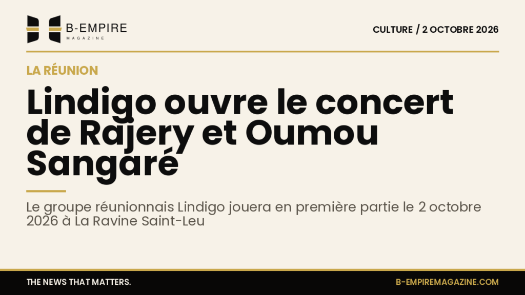 Affiche du concert avec le groupe Lindigo en première partie de Rajery et Oumou Sangaré à La Ravine Saint-Leu, La Réunion