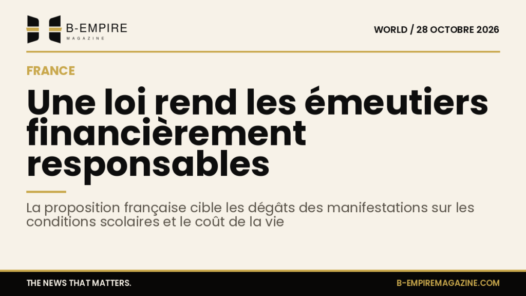 Visuel avec un chiffre clé indiquant 'milliers €' et un titre sur la loi française rendant les émeutiers responsables financièrement