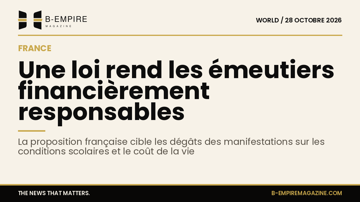 Visuel avec un chiffre clé indiquant 'milliers €' et un titre sur la loi française rendant les émeutiers responsables financièrement