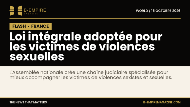 Texte sur fond noir avec bloc noir FLASH en haut à gauche et titre blanc et or annonçant la loi intégrale pour les victimes de violences sexuelles adoptée en France.