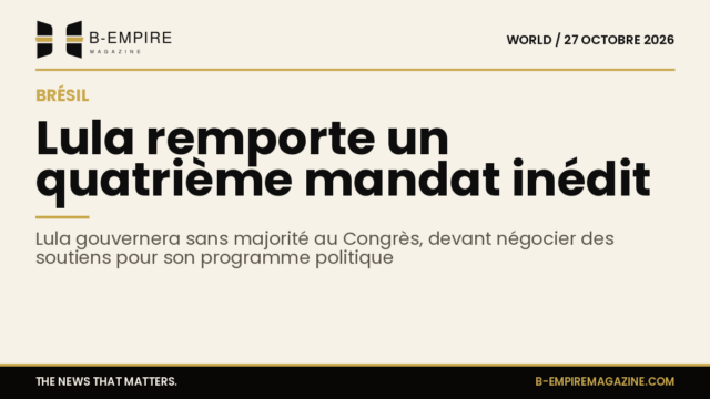 Visuel présentant le chiffre 4 en or sur fond papier avec le titre indiquant le quatrième mandat de Lula au Brésil