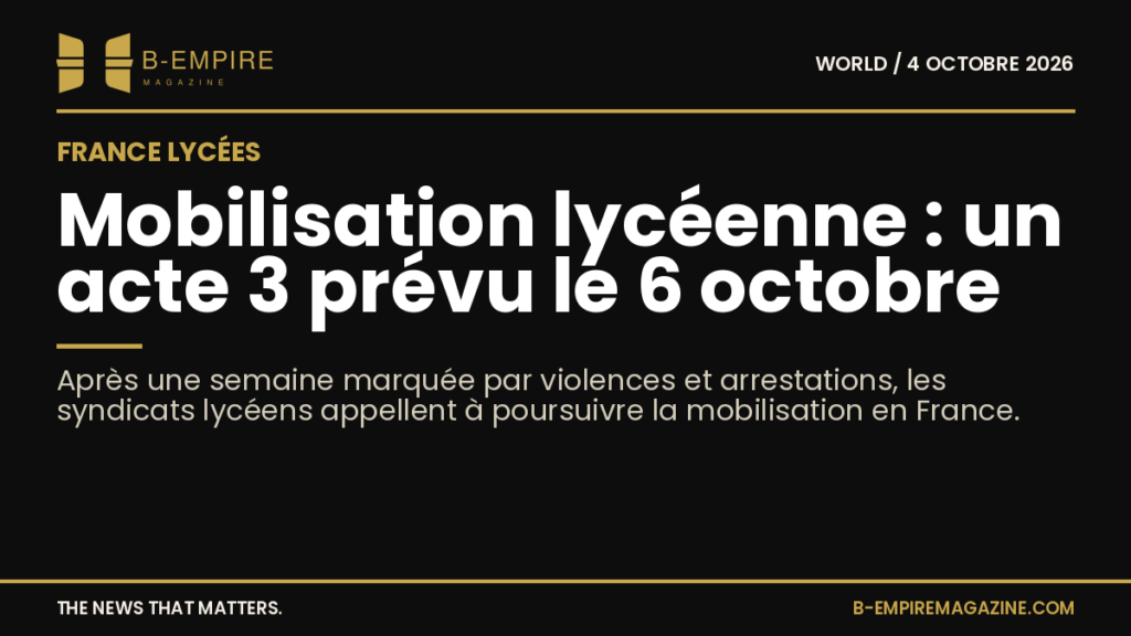 Une manifestation lycéenne en France avec des jeunes mobilisés dans la rue, pancartes visibles et ambiance tendue.