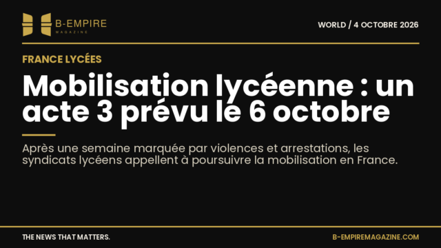 Une manifestation lycéenne en France avec des jeunes mobilisés dans la rue, pancartes visibles et ambiance tendue.