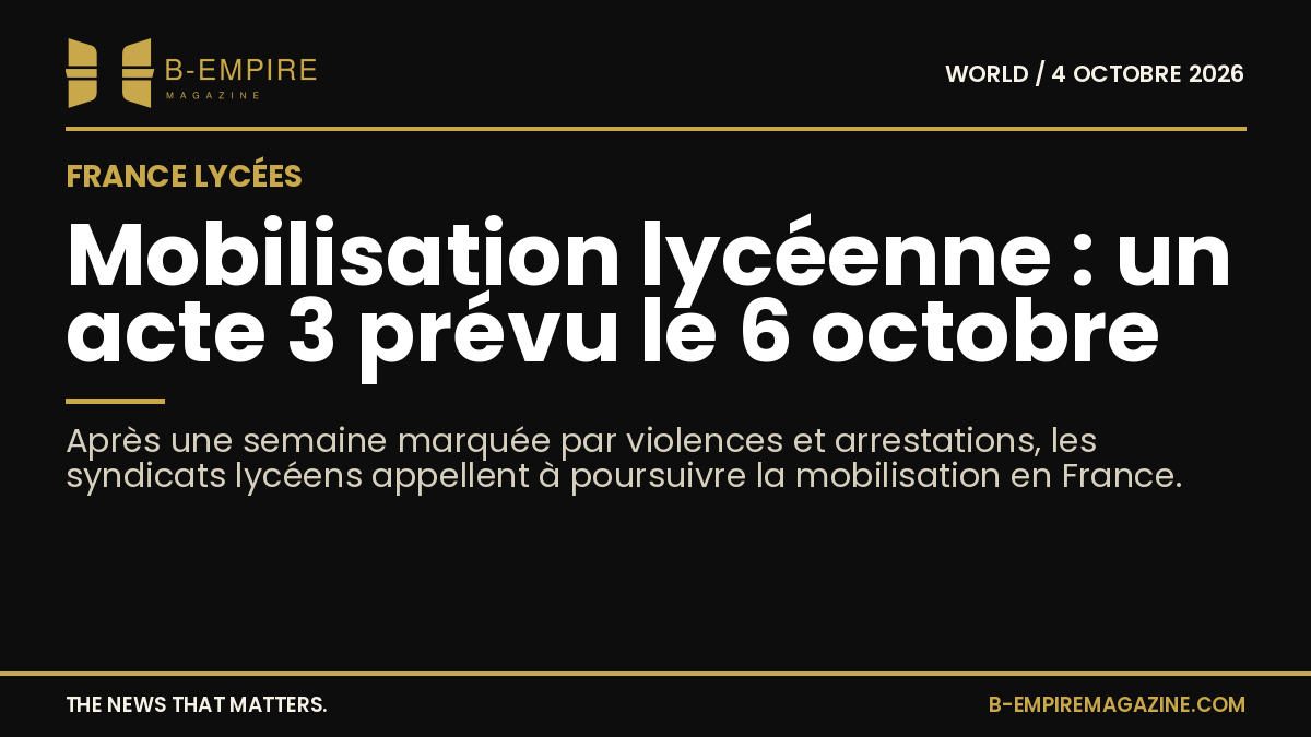 Une manifestation lycéenne en France avec des jeunes mobilisés dans la rue, pancartes visibles et ambiance tendue.
