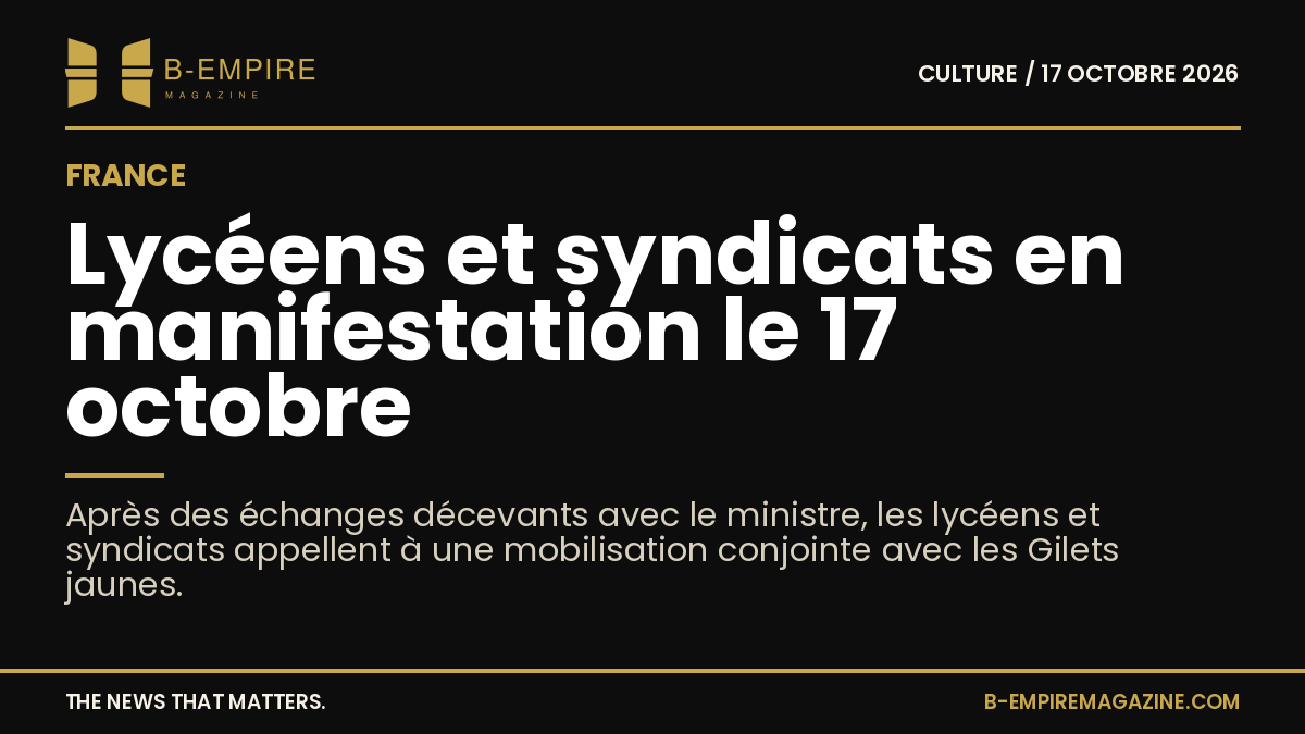 Affiche sombre avec le texte annonçant la manifestation des lycéens et syndicats en France le 17 octobre, aux couleurs noir, or et encre.