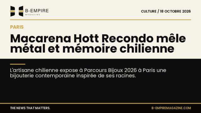 Portrait de Macarena Hott Recondo avec ses bijoux exposés à Parcours Bijoux 2026 à Paris, mêlant métal et mémoire chilienne.
