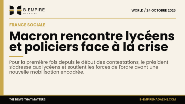 Photo d'Emmanuel Macron en discussion avec des lycéens et policiers dans un cadre officiel.