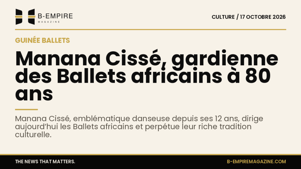 Portrait en noir et blanc de Manana Cissé, danseuse et directrice artistique des Ballets africains de Guinée, sur fond papier avec titre en encre.