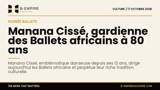 Portrait en noir et blanc de Manana Cissé, danseuse et directrice artistique des Ballets africains de Guinée, sur fond papier avec titre en encre.