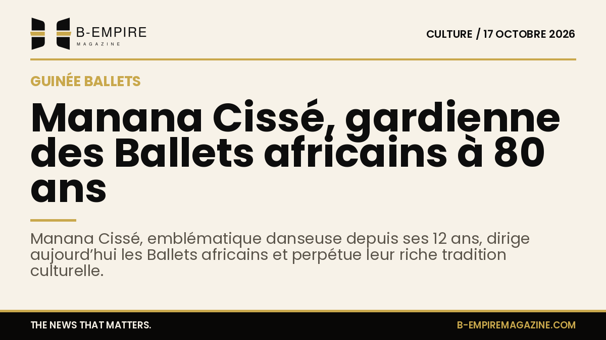 Portrait en noir et blanc de Manana Cissé, danseuse et directrice artistique des Ballets africains de Guinée, sur fond papier avec titre en encre.