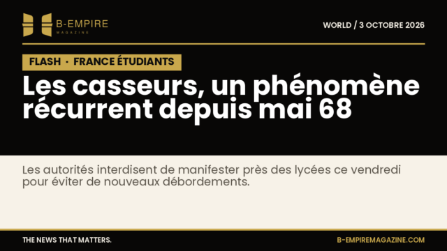 Affiche noire avec le mot FLASH en blanc et or, soulignant une information urgente sur les manifestations étudiantes en France.