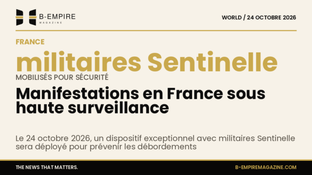 Affiche avec un grand chiffre représentant la mobilisation des militaires Sentinelle pour sécuriser les manifestations en France, couleurs encre et or sur fond papier.