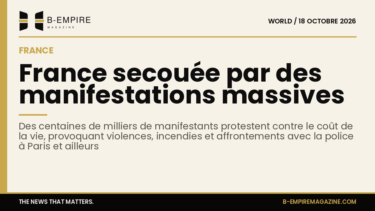 Manifestation massive en France avec fumée d'incendies et foule dans les rues de Paris