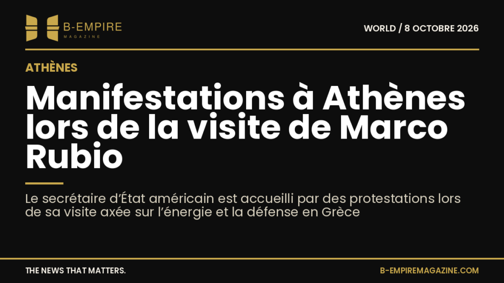 Manifestants dans le centre d’Athènes lors de la visite de Marco Rubio, avec des pancartes et une foule rassemblée