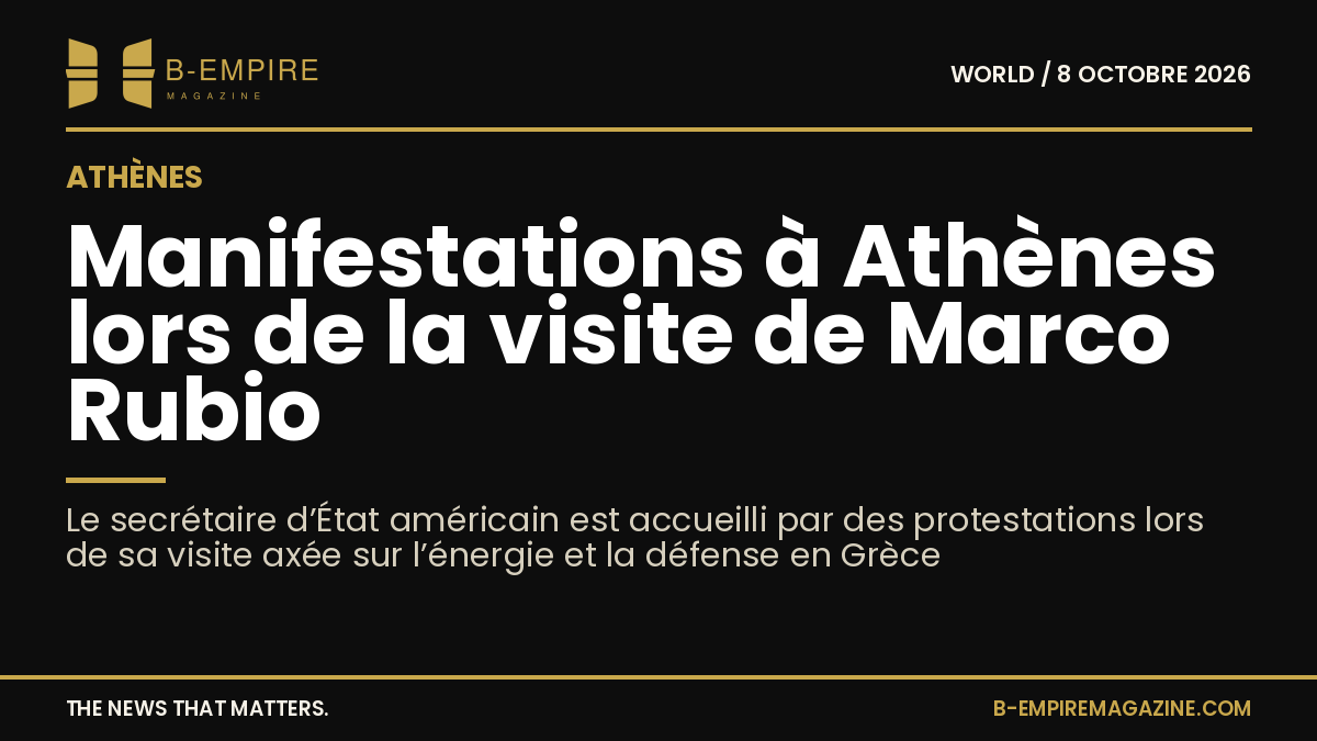 Manifestants dans le centre d’Athènes lors de la visite de Marco Rubio, avec des pancartes et une foule rassemblée