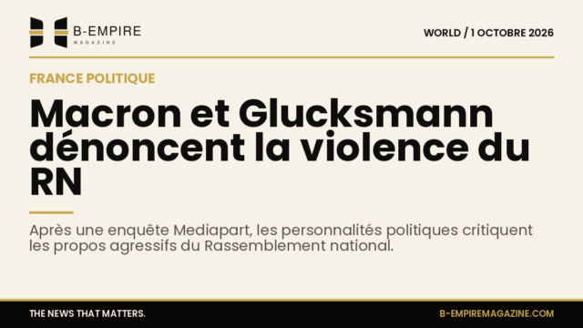 Texte sur fond papier avec titre noir évoquant la dénonciation par Macron et Glucksmann de la violence langagière du RN après une enquête Mediapart